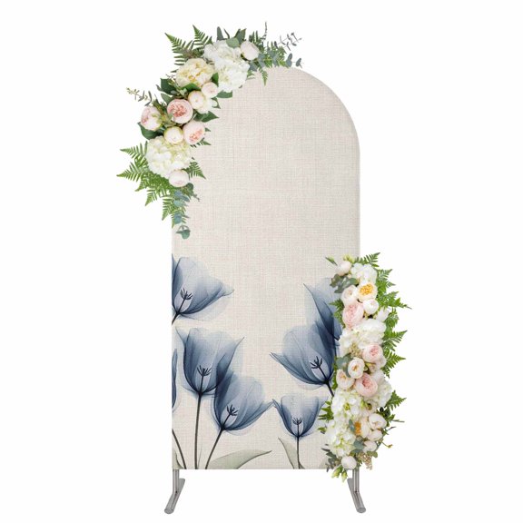 Blue Tulip Arch Backdrop Cover, Spandex Fitted Wedding Arch Cover, Spring Floral Rustic Summer Botanical Round Top Stand Covers for Birthday Ceremony Bridal Shower Party Decor 4x1.65 Ft
