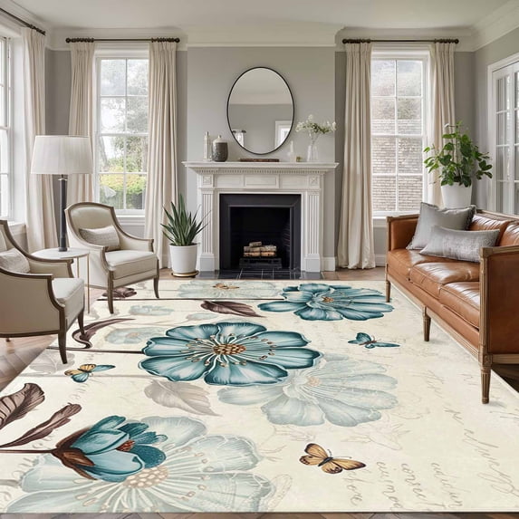 Blue Tulip Area Rugs 8'x10', Washable Small Throw Rugs for Living Room Patio, Vintage Floral Leaves Butterfly Plants Beige Indoor Outdoor Rug Non-Slip Low Pile Carpet Runner Reversible Floor Mats