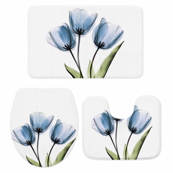 Blue Tulip Bath Mat 3 Piece Bathroom Rug Set, Abstract Flower Country Farm Floral White Non Slip Bath Rug Contour Mat and Toilet Lid Cover, Absorbent Shower Mats Soft Bath Rugs and Mats Sets