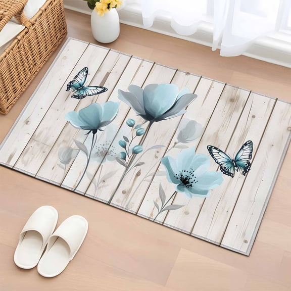 Blue Tulip Bathroom Rug Washable 2x3 Entryway Rug Non Slip Country Spring Butterfly Floral Wooden Grain Front Door Mat Low Pile Indoor Doormat Throw Floor Carpet for Kitchen Bedroom Entrance
