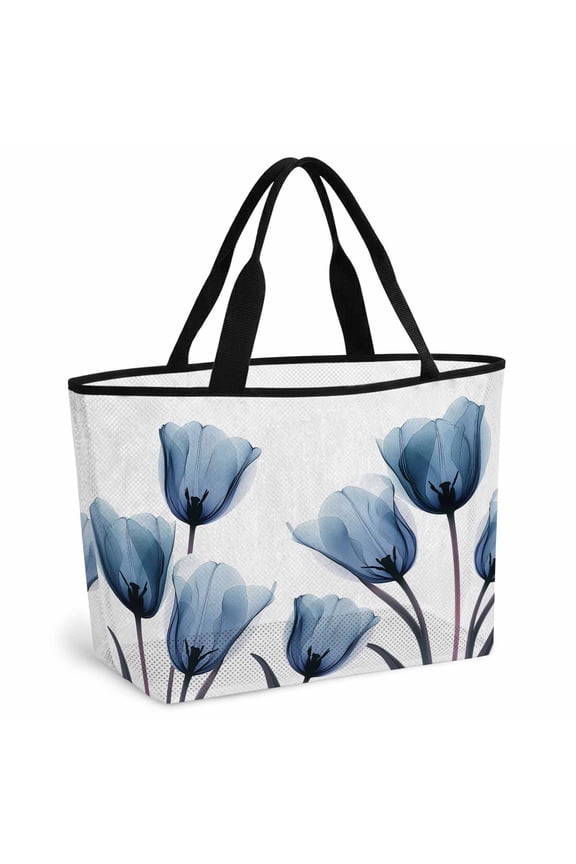 Blue Tulip Beach Bag for Women, Large Breathable Mesh Beach Tote Bag, Spring Pastoral Flower Watercolor White Sandproof Lightweight Travel Bags for Vacation Picnic Swimming Pool 15.7"x15.7"x9.1"