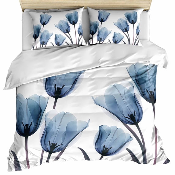 Blue Tulip Bedding 3 Piece Duvet Cover Set Full Size, Spring Pastoral Flower Watercolor White Soft Microfiber Comforter Cover with Zipper Closure & Pillowcases, Wrinkle & FadeResistant Quilt Cover