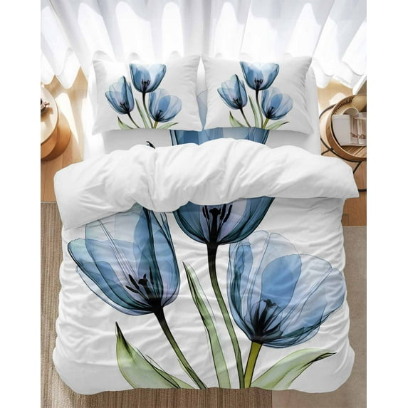 Blue Tulip Bedding Duvet Cover Set Queen Size 4 Pieces Transparent Flowers Minimalist Modern Art Bedding Set with Zipper Closure, 1 Comforter Cover 90x92 Inches 1 Flat Sheet & 2 Pillow Cases