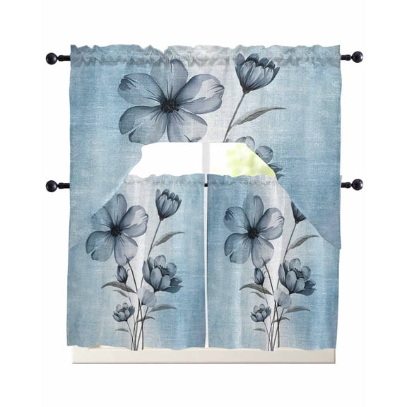 Blue Tulip Buds 3 Piece Swag Kitchen Curtains Set Valance and Tier Curtains 24 Inches Long, 56" x 36" Window Topper Botanical Floral Rustic Retro Farm for Cafe Bathroom Bedroom