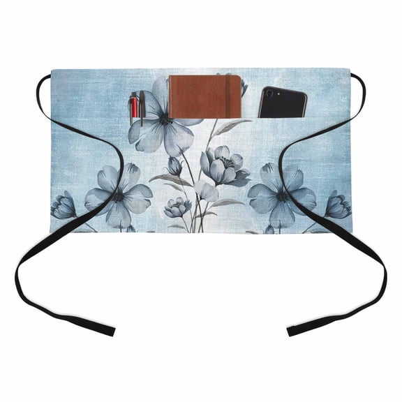 Blue Tulip Buds Half Waist Apron Botanical Floral Rustic Retro Farm Short Waiter Aprons with 3 Pockets for Women Men Kitchen Restaurant Cooking