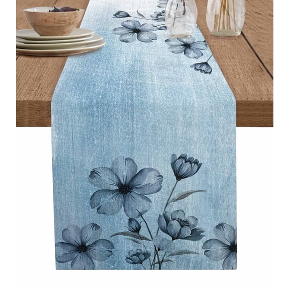 Blue Tulip Buds Short Table Runners 36 Inches, Cotton Linen Fabric Table Runner Dresser Scarf, Botanical Floral Rustic Retro Farm Tablerunner for Party/Kitchen/Dinner/Wedding Decor 13''x36''