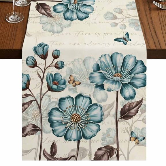 Blue Tulip Burlap Cotton Table Runner 18x72 Inches Long, Vintage Flowers Butterfly Plants Beige Rustic Farmhouse Table Runners, Outdoor Dining Tablecloths Decor for Baby Shower/Party/Wedding