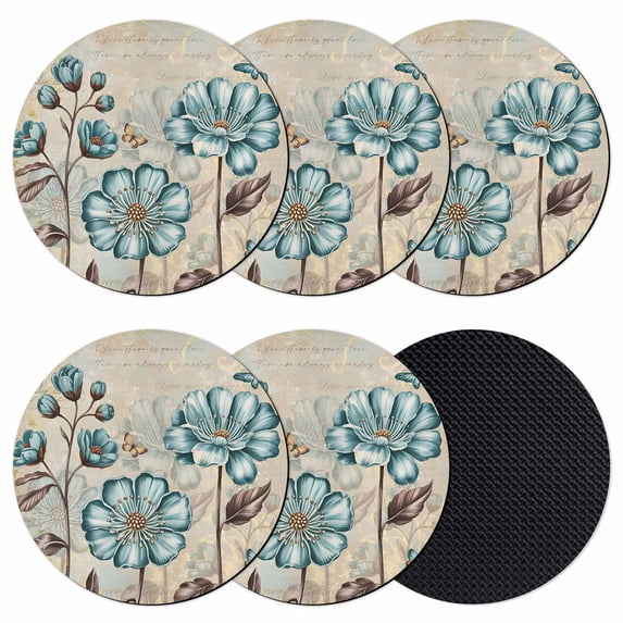 Blue Tulip Coasters Set of 6, Absorbent Coasters for Drinks, Vintage Flowers Leaves Butterfly Khaki Rustic Coaster for Desk Coffee Table Protection, Home Decor House Warming Gifts 4"