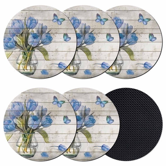 Blue Tulip Coasters Set of 6, Absorbent Coasters for Drinks, Vintage Spring Floral Retro Art Butterfly Wooden Coaster for Desk Coffee Table Protection, Home Decor House Warming Gifts 4"