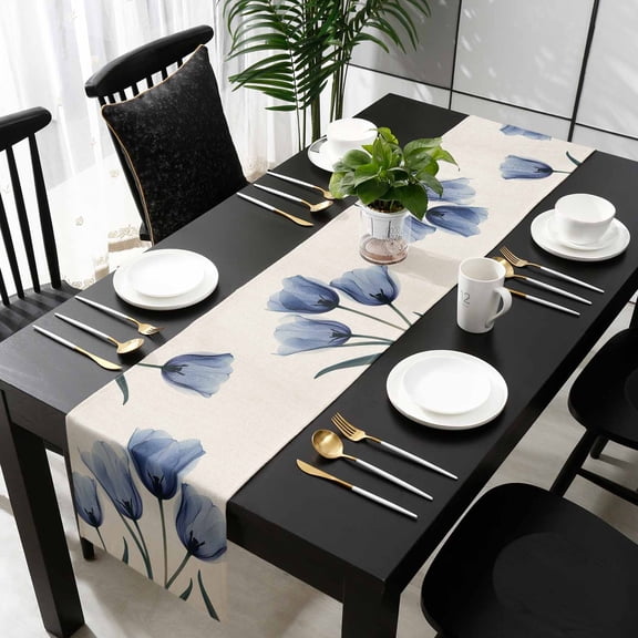 Blue Tulip Cotton Linen Table Runner 13 x 90 inch Rustic Spring Floral Summer Botanical Non-slip Rectangular Dining Table Decor for Wedding Party Holiday Dinner