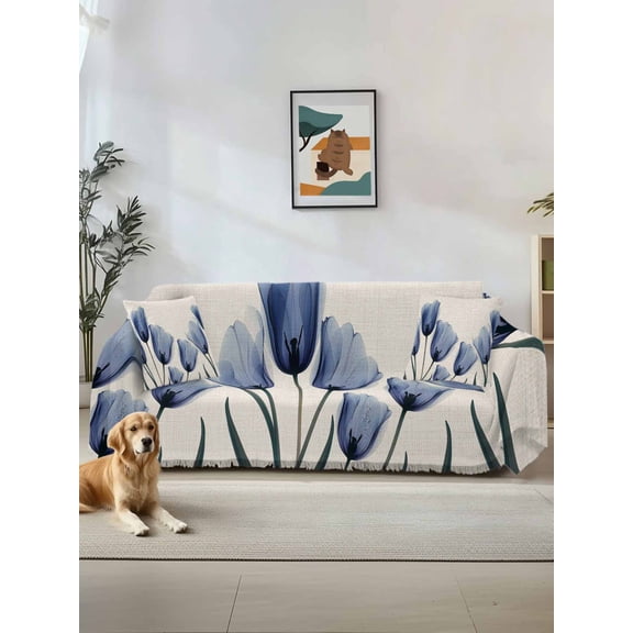 Blue Tulip Couch Cover, Rustic Spring Floral Summer Botanical Sofa Cover Blanket for Loveseat Couches, Sectional Sofa Slipcover Furniture Protector for Living Room Bedroom 71''x118''