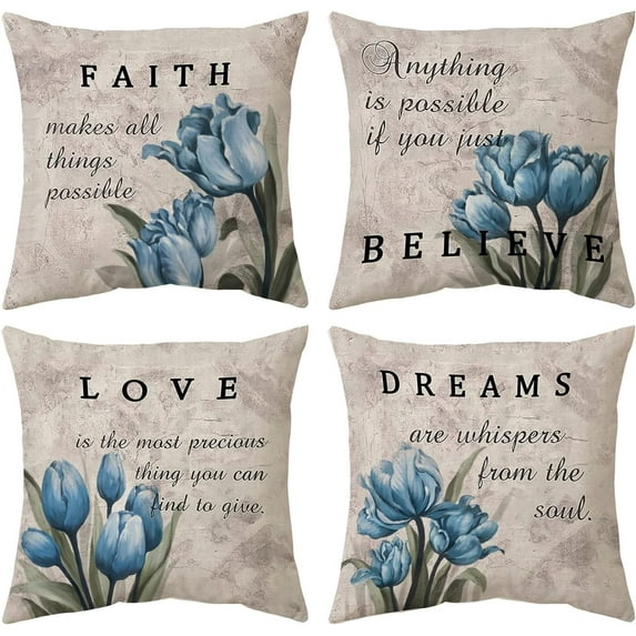 Blue Tulip Decorative Pillow Covers Set of 4 18x18 Inch Linen Throw Pillows for Couch Sofa Living Room Bed Cushion Floral Patio Furniture Outdoor Pillow Covers for Farmhouse Modern Home Decor Elev