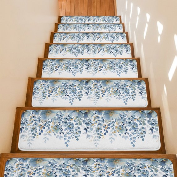 Blue Tulip Eucalyptus Leaf Stair Treads Non Slip for Steps Floral Botanical Summer Spring 4 Pcs Reusable Adhesive Stair Runner Mats for Dogs Elders Carpet Treads Rugs for Staircase 8x30 In