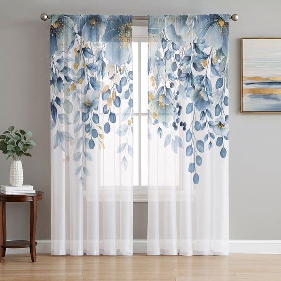 Blue Tulip Eucalyptus Sheer Curtains 84 Inch Length 2 Panels Set, Spring Summer Botanical Floral Chic Voile Window Treatment Rod Pocket Curtains Sheers for Bedroom/Living Room/Kitchen 52"x84"x2