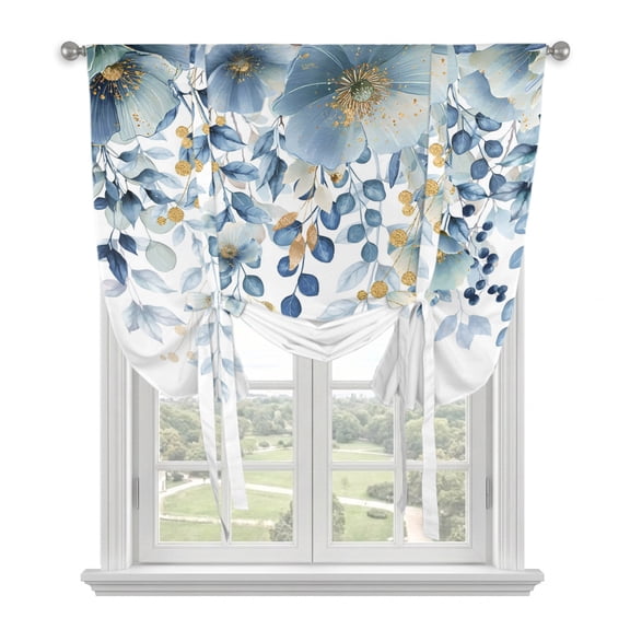 Blue Tulip Eucalyptus Tie Up Curtains for Small Windows,Adjustable Rod Pocket Valance 45 Inch Short, Spring Summer Botanical Floral Chic Window Treatment Balloon Roman Blind Shade, 34" x 45"
