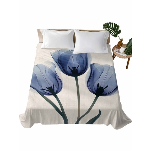 Blue Tulip Flat Sheet Only Twin Size, Soft Breathable Bed Top Sheets for Mattress, Rustic Spring Floral Summer Botanical Luxury Bedding Flat Sheets for Home Hotel Bedroom Bed Protection