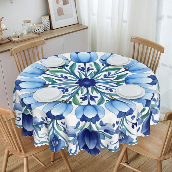 Blue Tulip Floral Mandala Round Tablecloth Waterproof Oil-Proof Plastic Table Cloth Stain-Resistant Wipeable 60" for Camping, Dining, Indoor and Outdoor