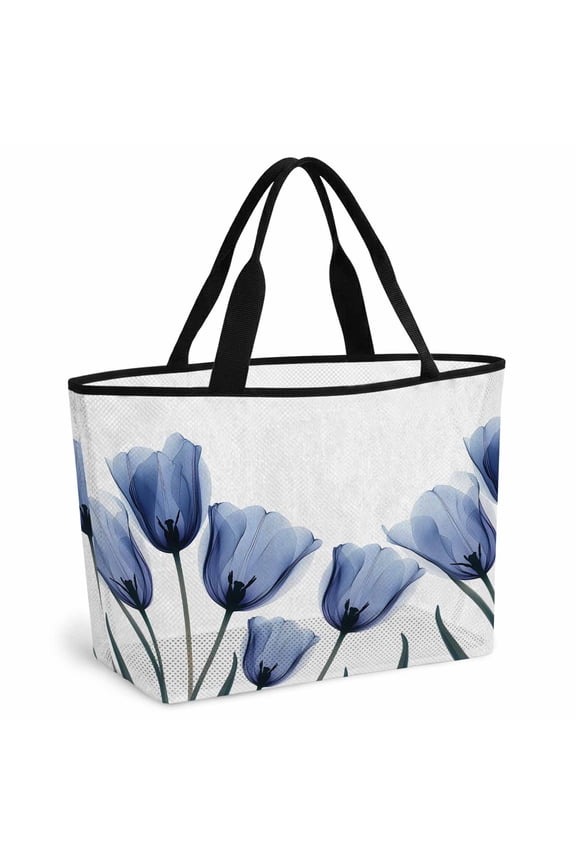 Blue Tulip Flower Beach Bag for Women, Large Breathable Mesh Beach Tote Bag, Vintage Spring Plant Floral Botanical Sandproof Lightweight Travel Bags for Vacation Picnic Swimming Pool 15.7"x15.7"x9.1"