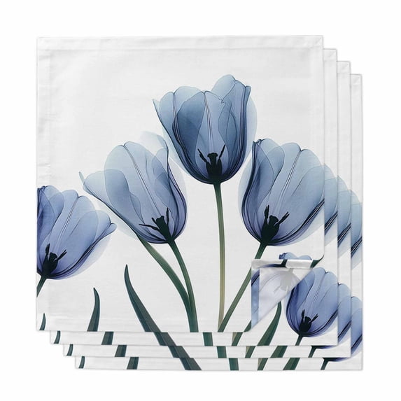 Blue Tulip Flower Cloth Napkins, Vintage Spring Plant Floral Botanical Washable and Reusable Dinner Napkins Set of 4, Table Napkin for Kitchen Party Birthday Wedding Hotel Housewarming 20"x20"