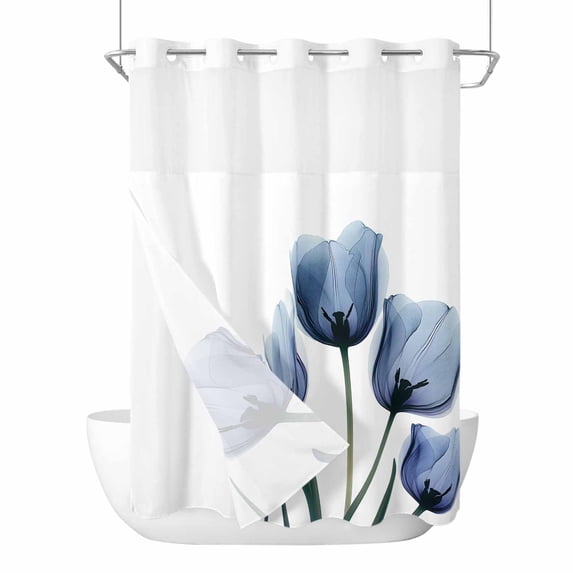 Blue Tulip Flower No Hook Shower Curtain Waterproof,Bathroom Curtains with Snap in Liners and See Through Top Window,Vintage Spring Plant Floral Botanical Hotel Bathtub Curtains Shower 60"Wx72"L