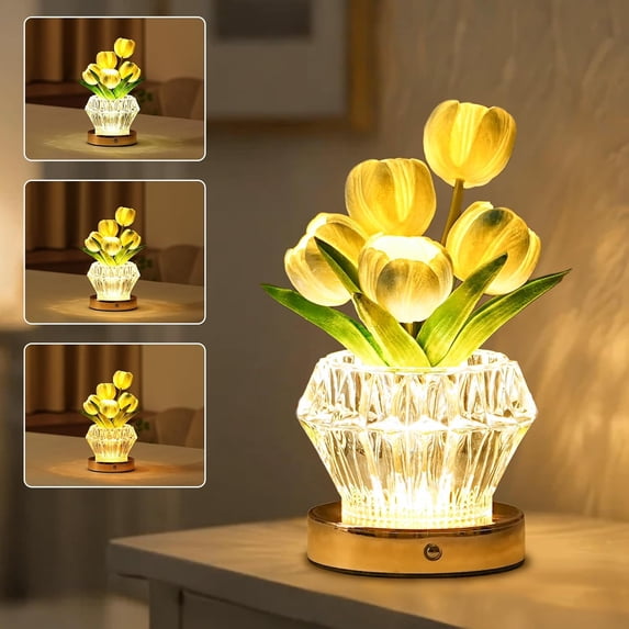 Blue Tulip Flower Lamp Diamond Vase, 3 Color Night Light Dimmable Touch Control Artificial Floral Decor for Bedroom Bar Coffee Shop Wedding Birthday Gifts for Women Christmas Valentine Mothers Day