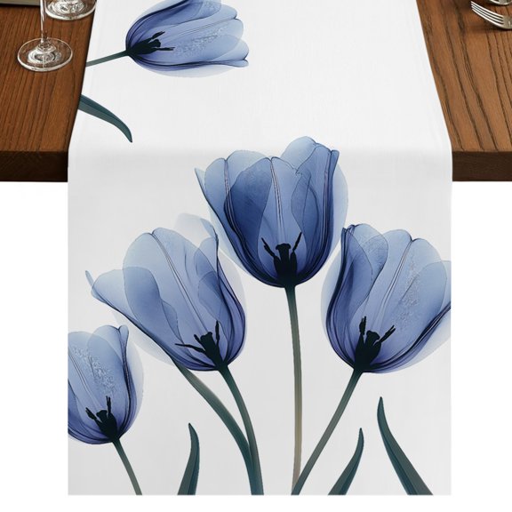 Blue Tulip Flower Table Runner 36 Inches Long for Dining Tables, Vintage Spring Plant Floral Botanical Cotton Linen Table Runner Coffee Tablerunners Dresser for Kitchen Party Holiday Decor 13"x36"