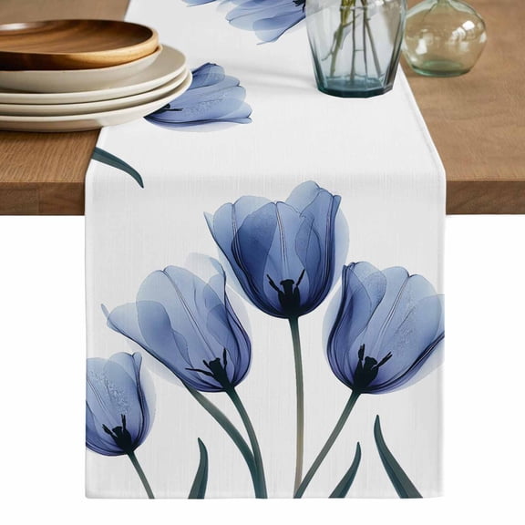 Blue Tulip Flower Table Runner, Vintage Spring Plant Floral Botanical Washable Cotton Linen Table Runners 36 Inches Long, Dresser Scarf Runner for Nightstand/End Tables/Round Tables 13''x36''