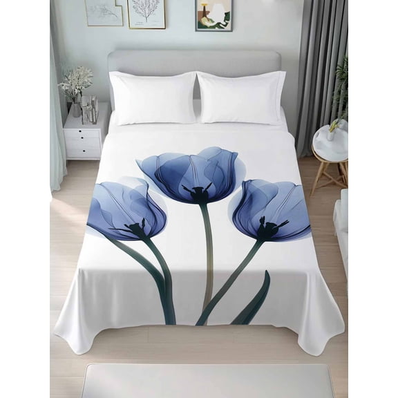 Blue Tulip Flower Twim Size Flat Sheet, Wrinkleproof & Fadeproof Cooling Flat Bed Sheet Only, Vintage Spring Plant Floral Botanical Breathable Soft Bedding Top Sheets 66 x 96 Inches