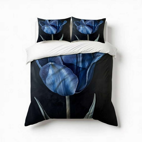 Blue Tulip Flower With Stem Bedding Set 3 Pcs Soft Microfiber Quilt Cover For Bedroom Decor, Comforter Cover With 2 Pillowcase
