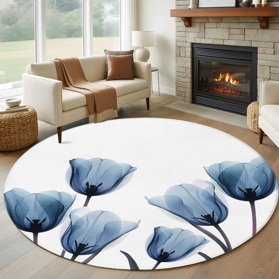 Blue Tulip Large Round Rug 8 FT, Non Slip Living Room Area Carpet, Spring Pastoral Flower Watercolor White Washable Soft Circle Rug Non-Shedding Floor Carpet for Bedroom Office Dining Room