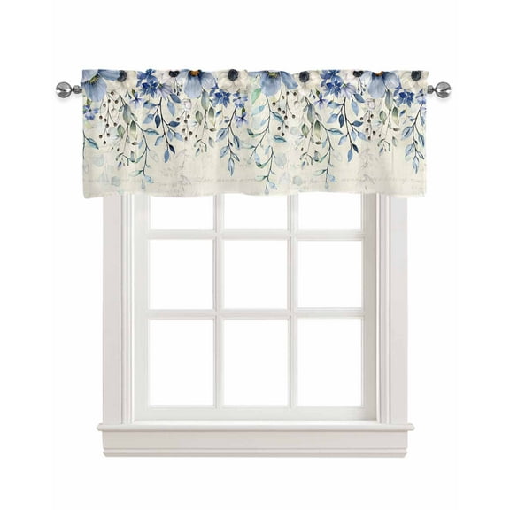 Blue Tulip Linen Curtain Valance for Bedroom/Bathroom/Kitchen/Office/Living/Dining Room Window,Farmhouse Eucalyptus Leaves Vintage Newspaper Rod Pocket Topper Decorative Cafe Drapes Panel 42"x12"
