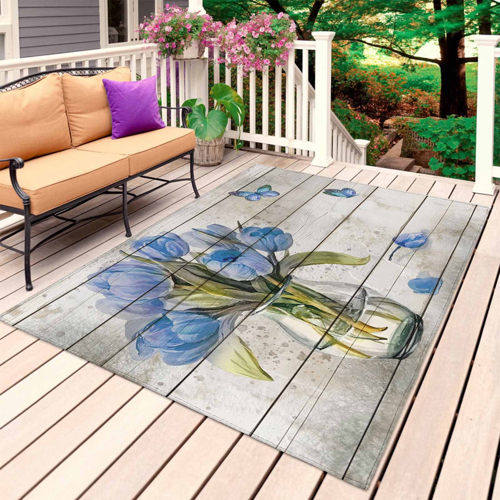 Blue Tulip Outdoor Rug 4x6 Ft, Non Slip Washable Area Rug, Vintage ...