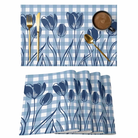 Blue Tulip Placemats Set of 2, Blue Flower Silhouette Non-Slip Place Mats Washable Table Mats for Kitchen Dining Table Decorations Indoor/Outdoor