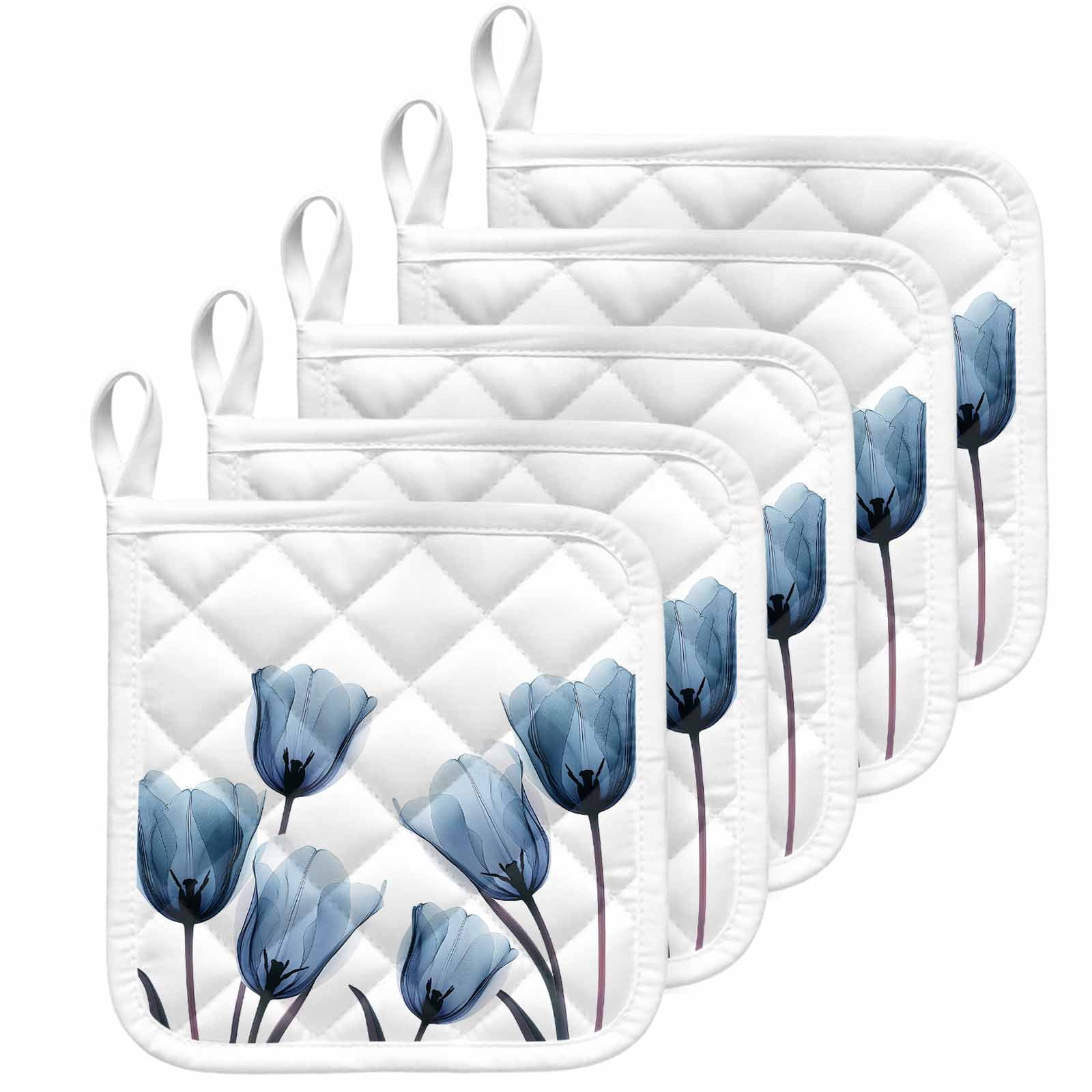 Blue Tulip Pot Holders for Kitchen Heatproof Potholder, 5 Pack Spring Pastoral Flower Watercolor White Hot Pads Multipurpose Oven Pads Cloth Potholders Trivet for Cooking Baking