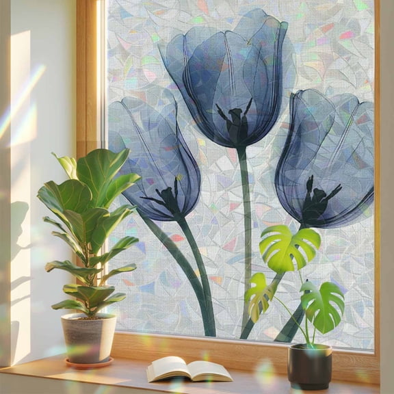 Blue Tulip Privacy Window Film, Decorative Stained Glass Window Film, Rustic Spring Floral Summer Botanical Resuable Rainbow Static Cling for Home Bathroom Living Room Glass Door 23.6"x59"