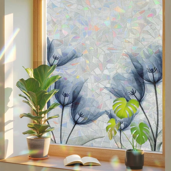 Blue Tulip Privacy Window Film, Decorative Stained Glass Window Film, Spring Floral Rustic Summer Botanical Resuable Rainbow Static Cling for Home Bathroom Living Room Glass Door 23.6"x59"