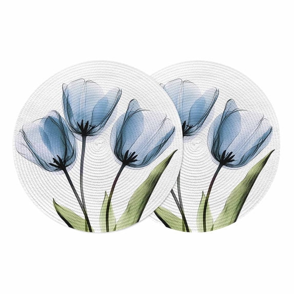 Blue Tulip Round 13 Inch Placemats Set of 2, Abstract Flower Country Farm Floral White HeatResistant Non Slip Place Mats for Dining Table, Wipeable Braided Kitchen Table Mats for Housewarming