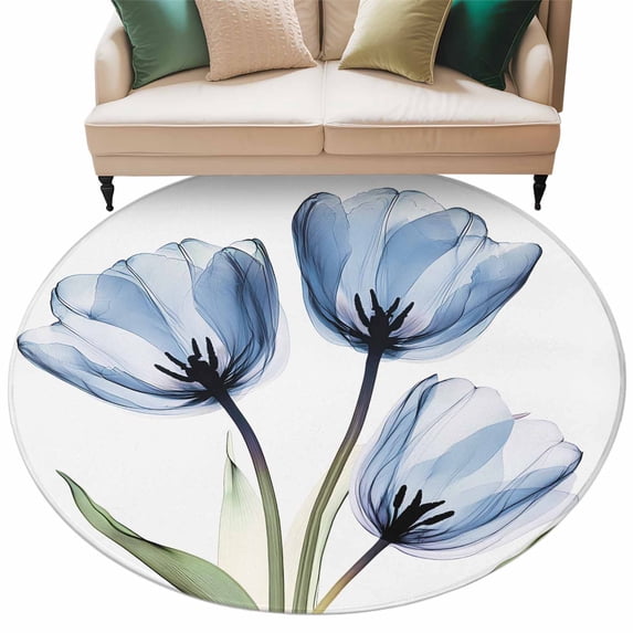 Blue Tulip Round Area Rug 6ft Flower Farmhouse Non-Slip Washable Circle Rugs Soft Felt Indoor Floor Mat for Bedroom Kitchen Living Room Bathroom