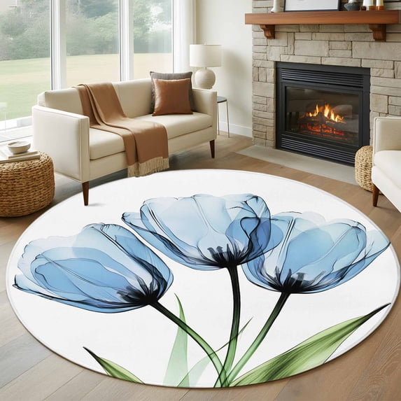 Blue Tulip Round Living Room Rugs 6 ft, Country Flower Farmhouse Washable Area Rug with Non-Slip Sturdy Edge Binding Round Carpet for Kitchen Office Bedroom
