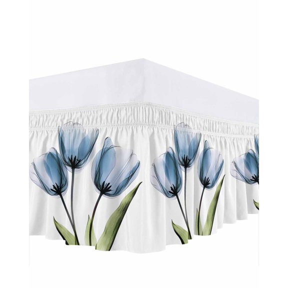 Blue Tulip Ruffle Bed Skirt King Size Country Flower Pastoral Style Adjustable Elastic Dust Bed Skirts Wrap Around Bedskirt Wrinkle Free Easy Fit with 18 Inch Drop