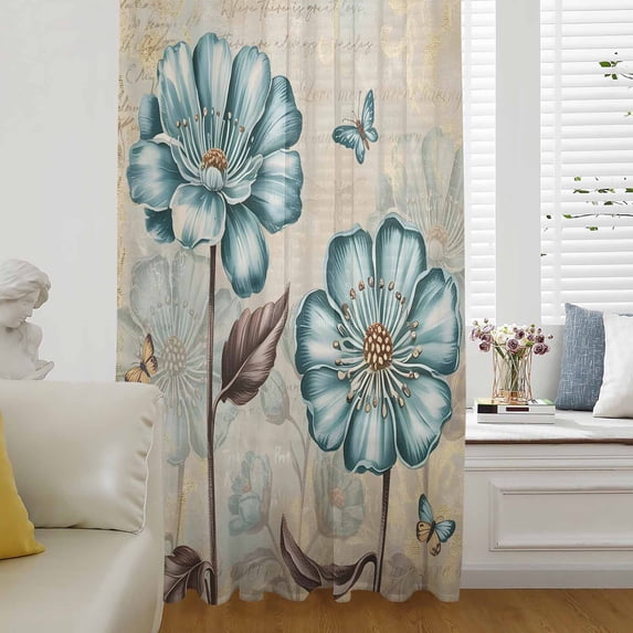 Blue Tulip Semi Sheer Curtains Drapes for Living Room,Bedroom,French Doors Window 54 Inches Long,Retro Flowers Leaves Butterfly Plants Khaki Rod Pocket Chiffon Curtain Drapery Voile Draperies Panel