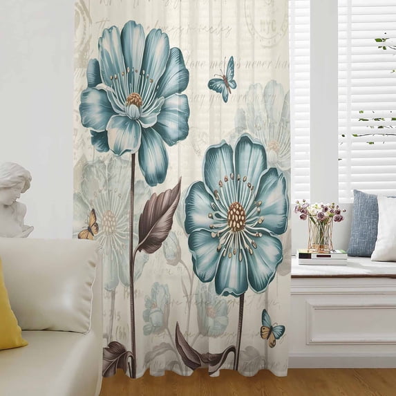 Blue Tulip Semi Sheer Curtains Drapes for Living Room,Bedroom,French Doors Window 84 Inches Long,Vintage Floral Leaves Butterfly Plants Beige Rod Pocket Chiffon Curtain Drapery Voile Draperies Panel