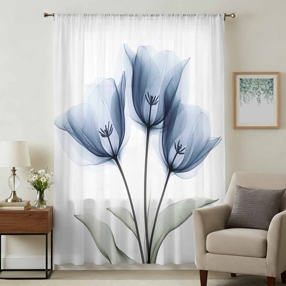 Blue Tulip Sheer Curtains 45 Inches Long, Spring Floral Botanical Leaves Pastoral Light Filering Curtains, Breathable Simi Curtain Privacy Drapes for Kitchen Bathroom Small Window Treatment