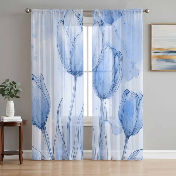 Blue Tulip Sheer Curtains 84 Inch Length 2 Panels Set, Watercolor Floral Farmhouse Line Artwork Voile Window Treatment Rod Pocket Curtains Sheers Drapes for Bedroom/Living Room/Kitchen 52"x84"x2