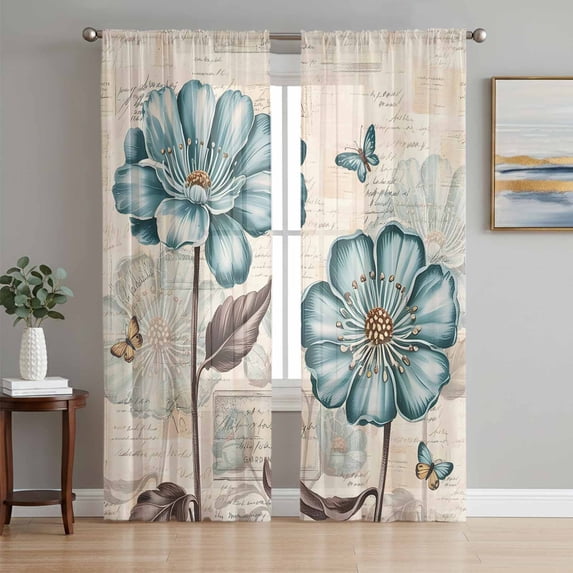 Blue Tulip Sheer Curtains 96 Inch Length 2 Panels Set Window Treatments, Vintage Flowers Leaves Butterfly Botanical Rod Pocket Semi Curtains for Living Room/Bedroom/Kitchen Décor, 104"W x 96"L