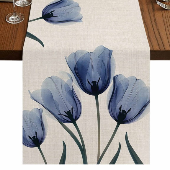 Blue Tulip Short Table Runner 36 Inches Long,Rustic Spring Floral Summer Botanical Cotton Linen Table Runners Dresser Scarves,Fabric Tabletop Scarf Furniture Cover for Home Dinner Party Decor 13"x36"