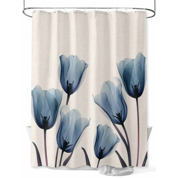 Blue Tulip Shower Curtain, Minimalist Modern Flower Art Linen Background Waterproof Shower Curtain Set with 12 Hooks Lightweight Washable Fabric Shower Curtains for Bathroom 72x84 Inches