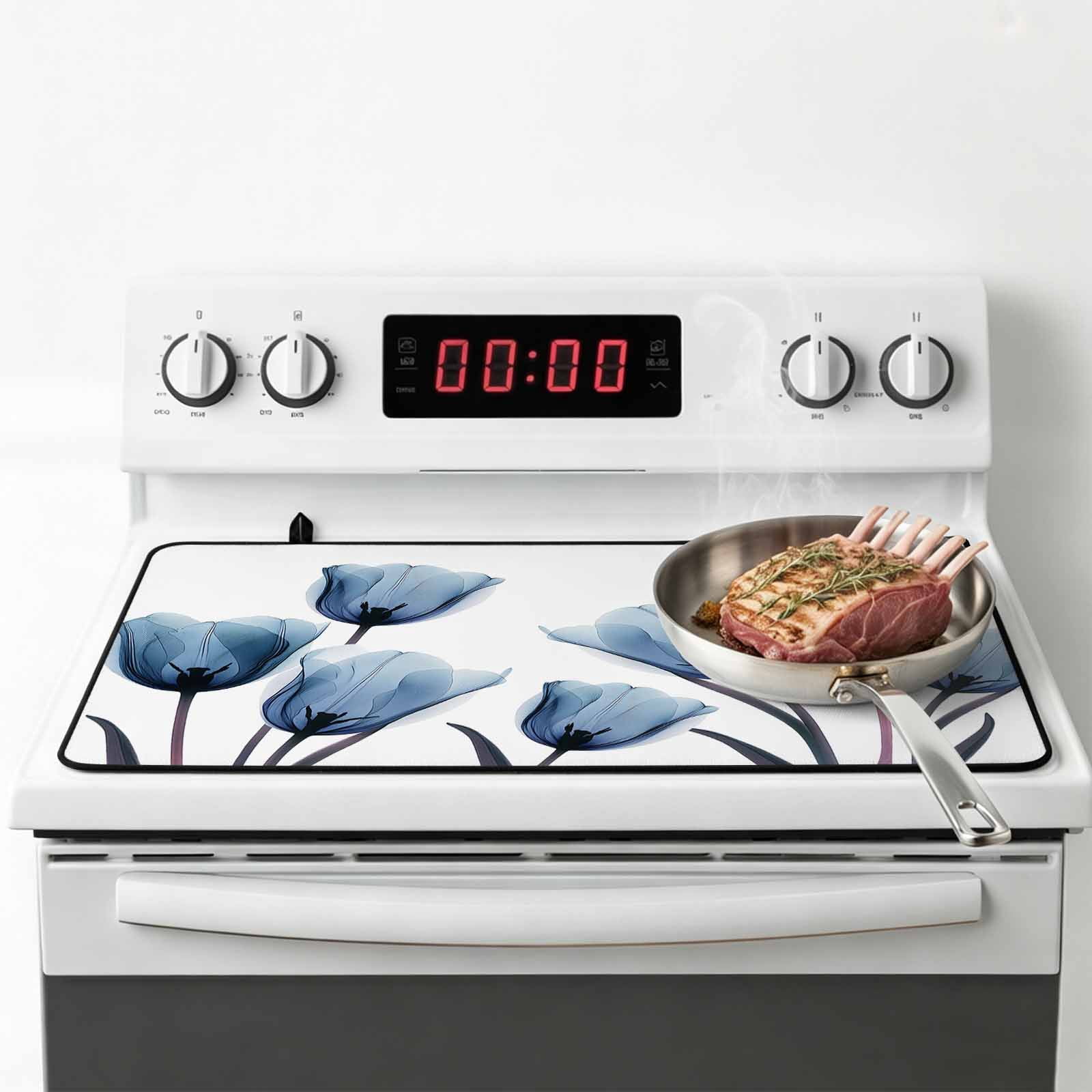 Blue Tulip Stove Top Cover for Electric Stove, Heat-proof & Non Slip Glass Top Stove Cover Protector, Spring Pastoral Flower Watercolor White Kitchen Flat Cooktop Rubber Mat 36x21 Inches