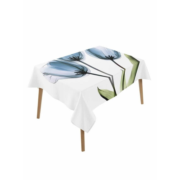 Blue Tulip Table Cloth, Abstract Flower Country Farm Floral White Waterproof Tablecloth for Rectangle Tables, Reusable Washable Fabric Table Cover for Restaurant Kitchen Dining Tables 60"x84"