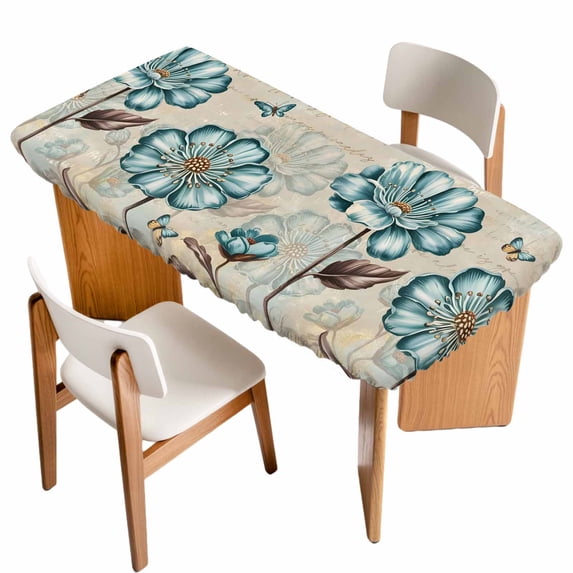 Blue Tulip Table Cloths for 5 Foot Rectangle Tables, Retro Flowers Leaves Butterfly Plants Khaki Patio Waterproof Elastic Fitted Tablecloths, Washable Rectangular Table Cover for Camping